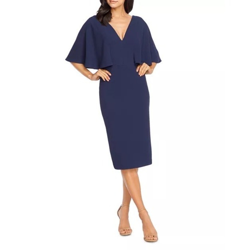 Dress the Population NEW Louisa Flutter Sleeve Sheath Cocktail‎ Dress Navy Sz M